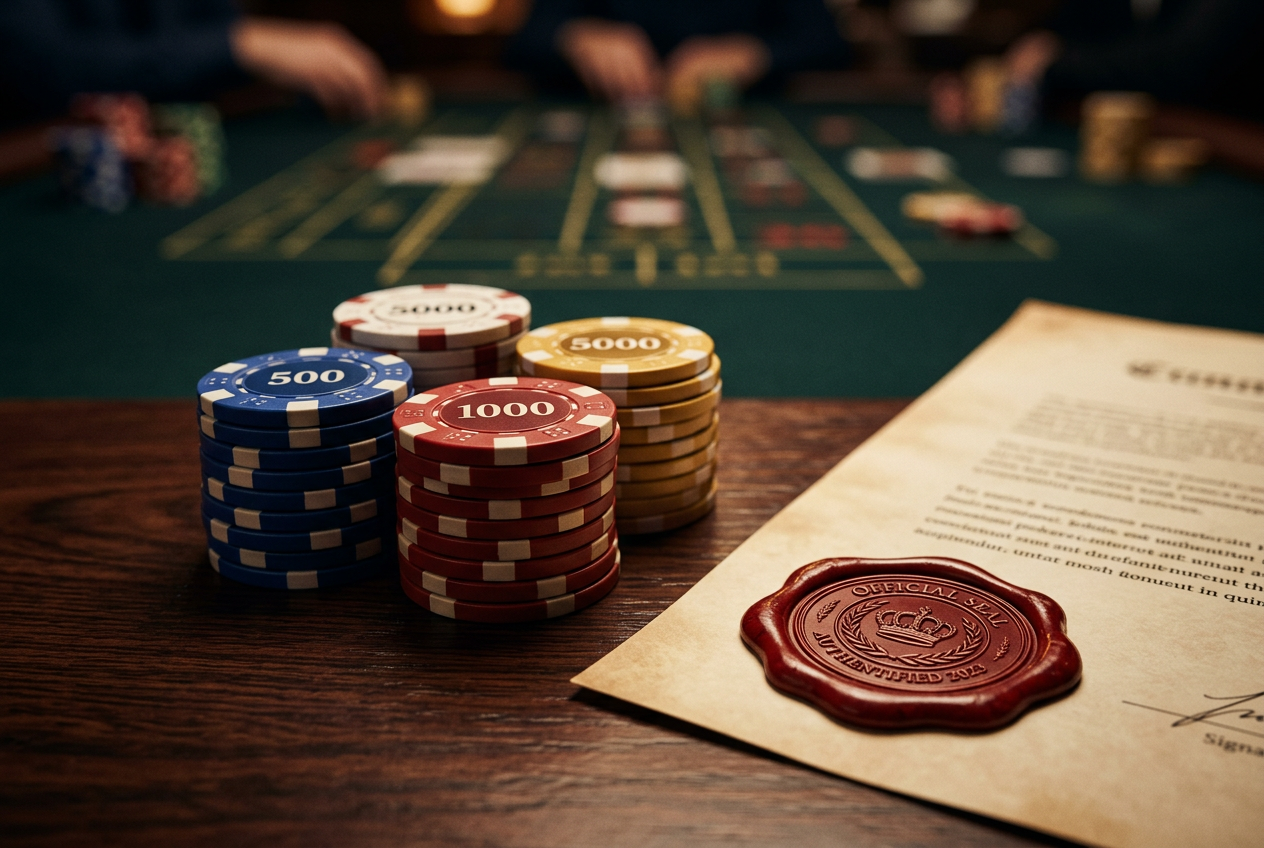 Detailní záběr na stack pokerových žetonů a pečeť